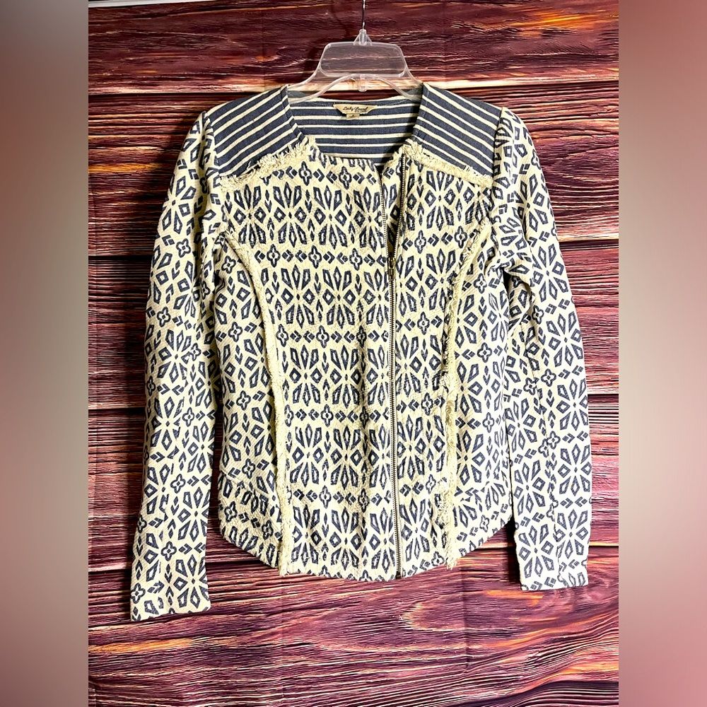 Lucky Brand Moto Zip Jacket Blue And White Size Small